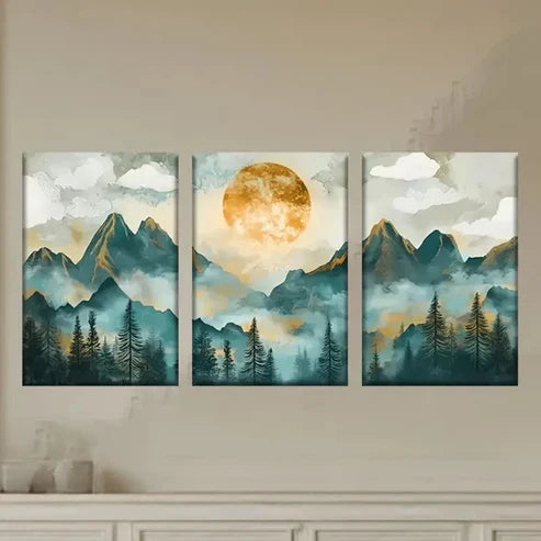 3pcs Mountain & Tree Art with Full Moon Wall Art Set Canvas Unframed - High Quality Print 100% Australian Made Wall Canvas - Bella Home Decor