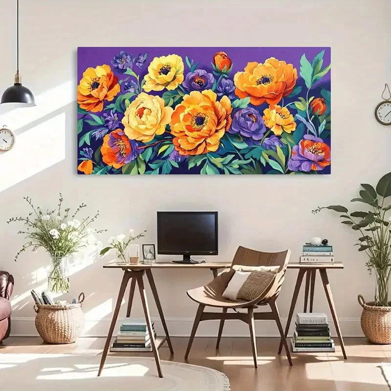 Vibrant Orange & Yellow Peonies Wall Art Canvas Office Home Room Framed 120x60cm - Bella Home Decor