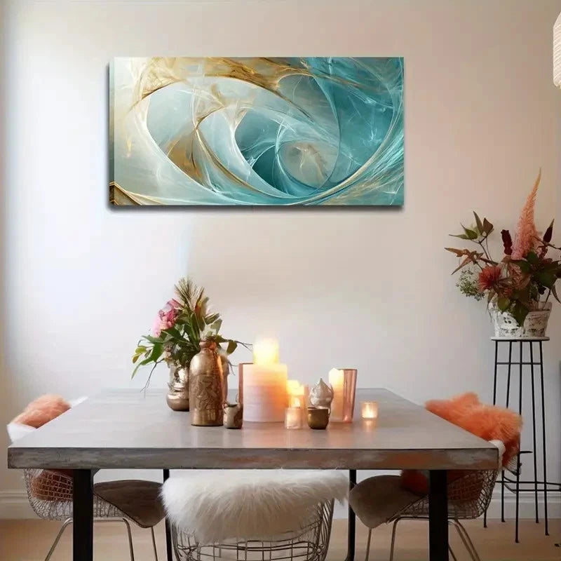 Modern Teal & Golden Marbled Wall Art Canvas Office Home Room Framed 120x60cm