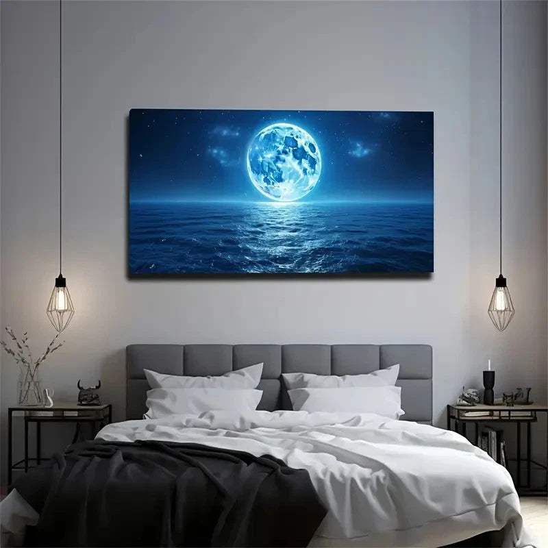 Blue Full Moon On The Sea Wall Art Canvas Office Home Room Framed 120x60cm