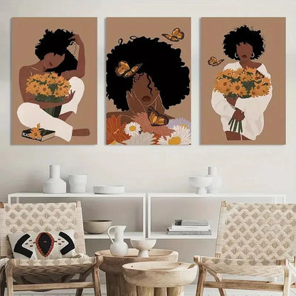 3pcs Boho Black Girl Sunflower Posters Painting Metal Print Ready to Hang Art - Bella Home Decor