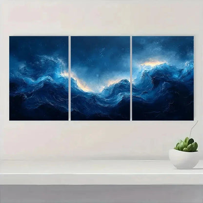 3pcs Abstract Ocean Waves Blue & Golden Hues Metal Print Ready to Hang Art