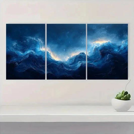 3pcs Abstract Ocean Waves Blue & Golden Hues Metal Print Ready to Hang Art