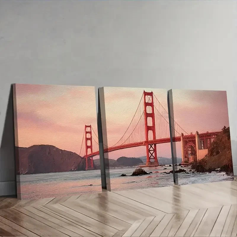 3pcs Golden Gate Bridge Showing Fog  Wall Art Set Canvas Framed 60x90cm - High Quality Print 100% Australian Made Wall Canvas Ready to Hang