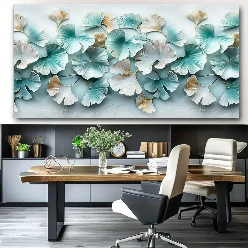 Floral Blue & White Leaves Wall Art Canvas Office Home Room Framed 120x60cm