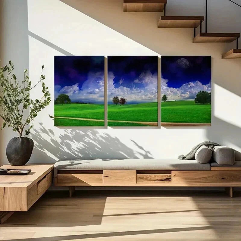 3pcs Lush Meadow Dramatic Cloudy Sky & Trees Wall Art Set Canvas Framed 50x70cm - High Quality Print 100% Australian Made Wall Canvas Ready to Hang - Bella Home Decor