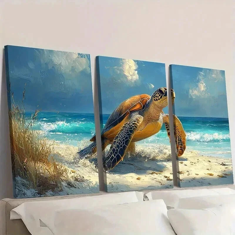 3pcs Vibrant Beach Landscape with Sea Turtle Wall Art Set Canvas Framed 50x70cm - High Quality Print 100% Australian Made Wall Canvas Ready to Hang