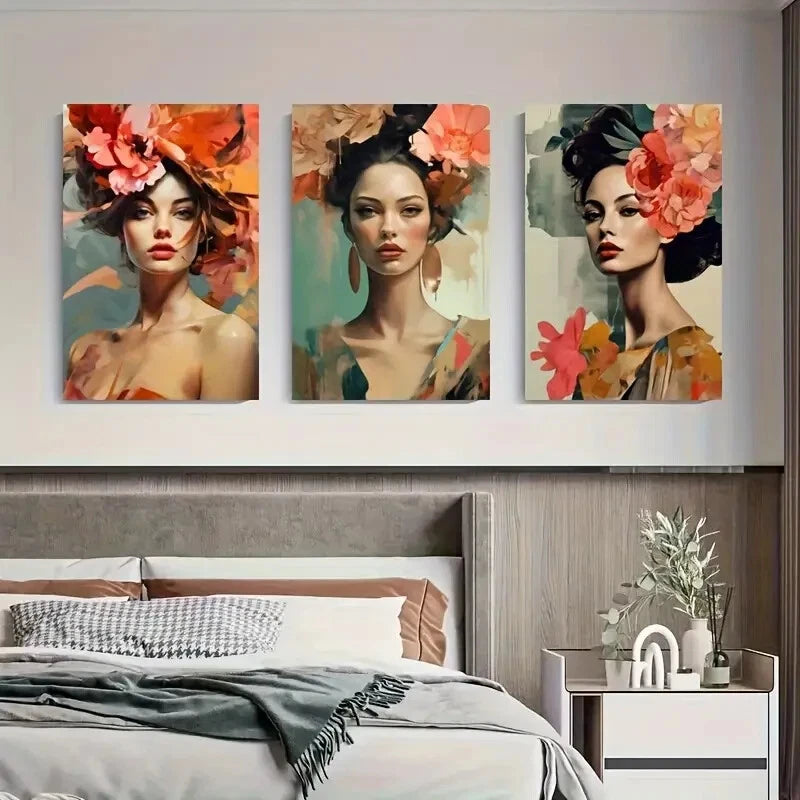 3pcs Floral Headpieces with Beautiful Women Metal Print Ready to Hang Art - Bella Home Decor