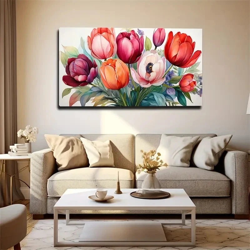 Vibrant Tulip Floral Modern Wall Art Canvas Office Home Room Framed 120x60cm