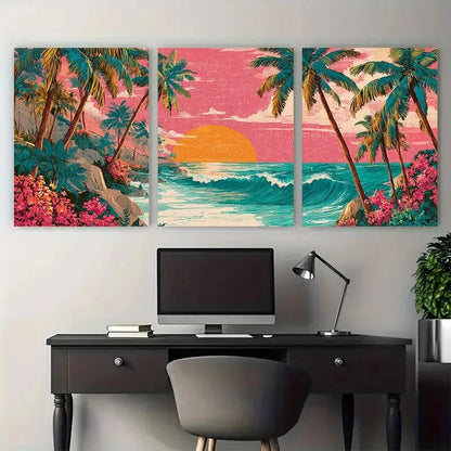3pcs Puerto Rico Beach Scenery Illustration Wall Art Set Canvas Framed 50x70cm - High Quality Print 100% Australian Made Wall Canvas Ready to Hang