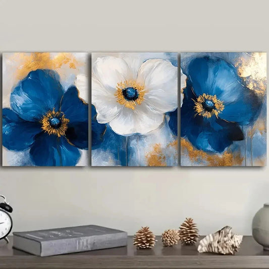 3pcs Abstract Blue Poppies Painting, Art Metal Print Ready to Hang Art