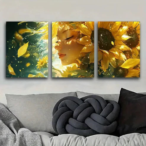 3pcs Sunflower Goddess Yellow Floral Perfect Wall Art Set Canvas Unframed - High Quality Print 100% Australian Made Wall Canvas