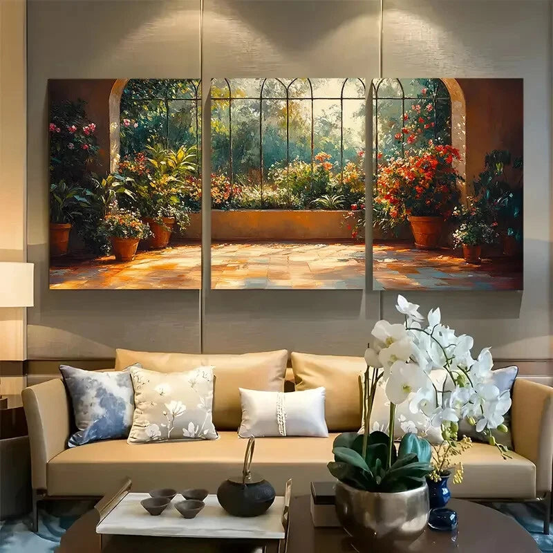 3pcs Sunlit Greenhouse with Lush Potted Plants Metal Print Ready to Hang Art