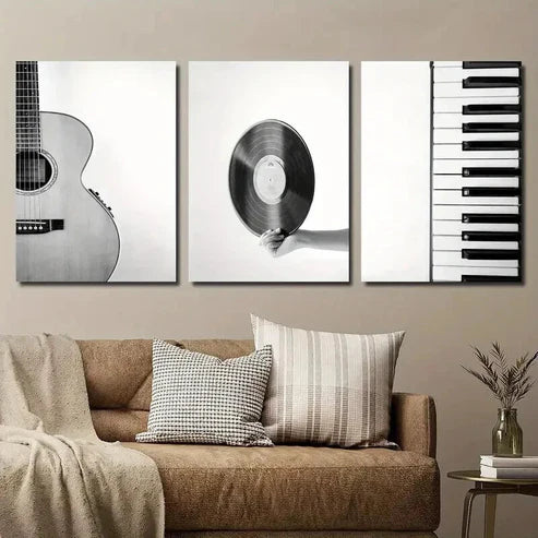 3pcs Black and White Guitar Vinyl Record & Piano Wall Art Set Canvas Unframed - High Quality Print 100% Australian Made Wall Canvas - Bella Home Decor