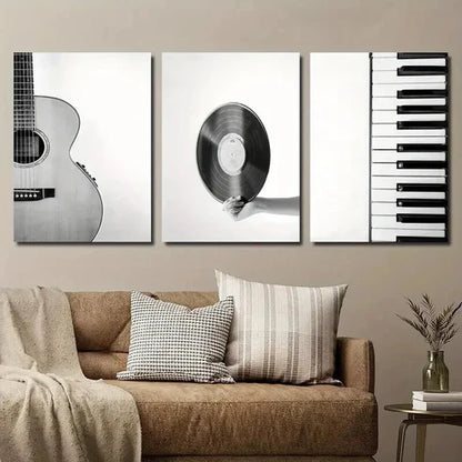 3pcs Black and White Guitar Vinyl Record & Piano Wall Art Set Canvas Unframed - High Quality Print 100% Australian Made Wall Canvas - Bella Home Decor