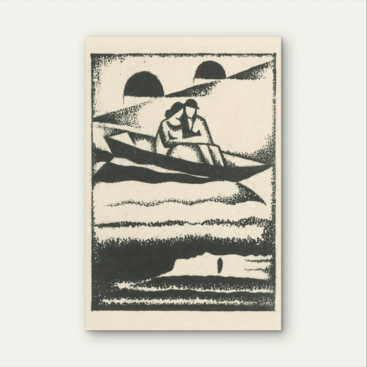 Vintage Block Print Couple in Boat Folk Art 40x60cm Metal Print Ready to Hang