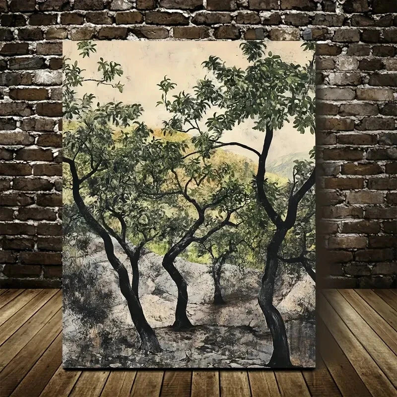 Serene Pear Tree Forest Landscape Painting 40x60cm Metal Print Ready to Hang