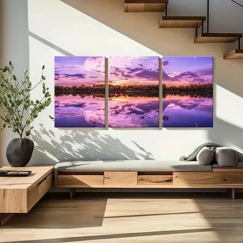 3pcs Purple Sky Lake and Mountain Scenery Wall Art Set Canvas Unframed - High Quality Print 100% Australian Made Wall Canvas