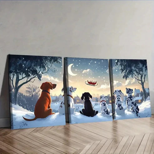 3pcs The Dog Looks at Santa Claus Wall Art Set Canvas Unframed - High Quality Print 100% Australian Made Wall Canvas
