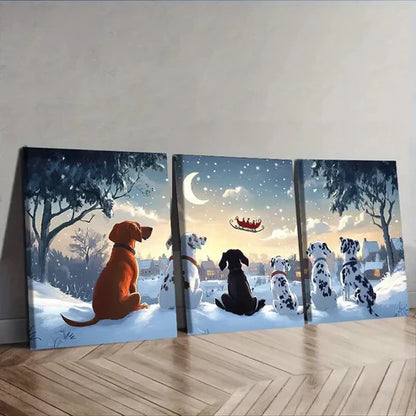 3pcs The Dog Looks at Santa Claus Wall Art Set Canvas Unframed - High Quality Print 100% Australian Made Wall Canvas
