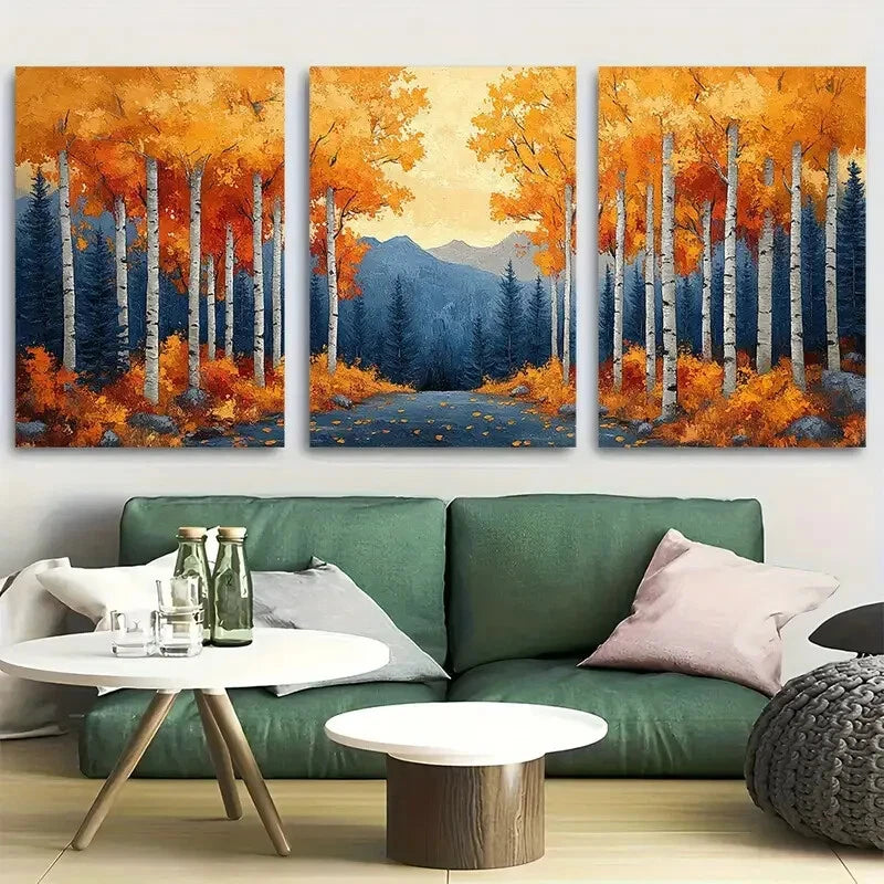 3pcs Autumn Forest , Aspens In Fall Metal Print Ready to Hang Art