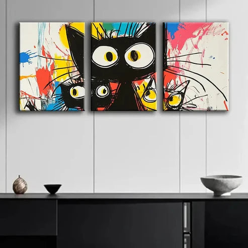 3pcs Abstract Cute Black Cat Colorful Perfect Wall Art Set Canvas Unframed - High Quality Print 100% Australian Made Wall Canvas - Bella Home Decor