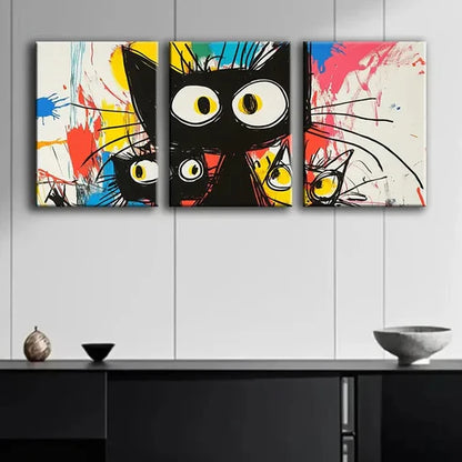 3pcs Abstract Cute Black Cat Colorful Perfect Wall Art Set Canvas Unframed - High Quality Print 100% Australian Made Wall Canvas - Bella Home Decor