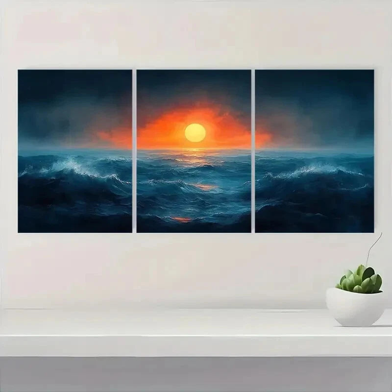3pcs Abstract Ocean Sunrise Watercolor Sea Metal Print Ready to Hang Art - Bella Home Decor