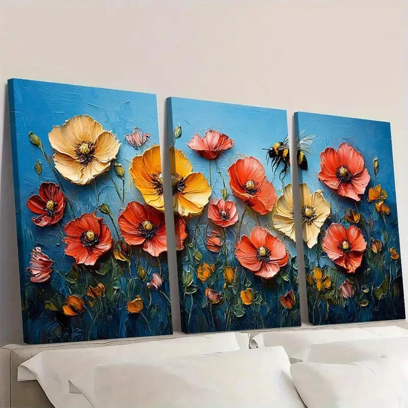 3pcs California Poppy Painting Bee  FG   Wall Art Set Canvas Framed 40x60cm - High Quality Print 100% Australian Made Wall Canvas Ready to Hang - Bella Home Decor