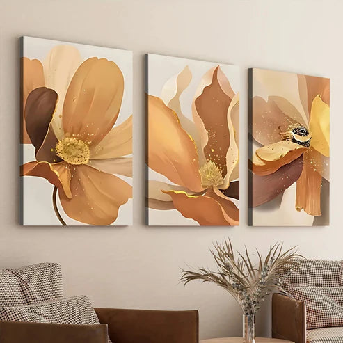 3pcs Abstract Art Floral Elegant Yellow & Gold Wall Art Set Canvas Unframed - High Quality Print 100% Australian Made Wall Canvas - Bella Home Decor