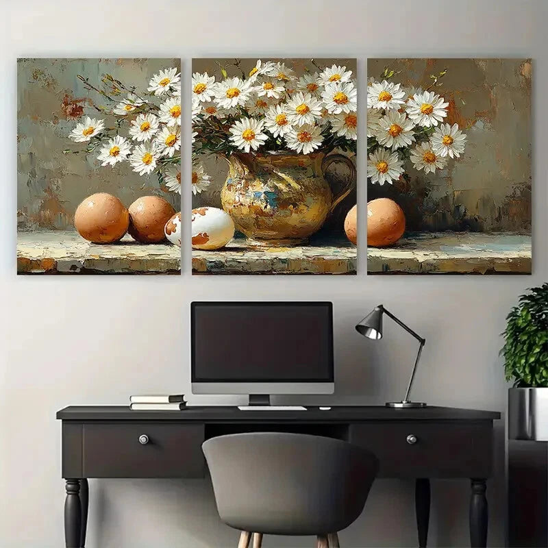 3pcs Daisy Flowers in a Pitcher with Eggshell Metal Print Ready to Hang Art - Bella Home Decor