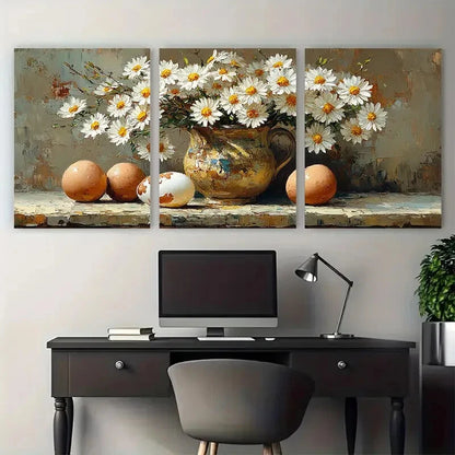 3pcs Daisy Flowers in a Pitcher with Eggshell Metal Print Ready to Hang Art - Bella Home Decor