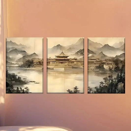 3pcs Classic Mountain Lake Scene with Pagoda Wall Art Set Canvas Framed 50x70cm - High Quality Print 100% Australian Made Wall Canvas Ready to Hang