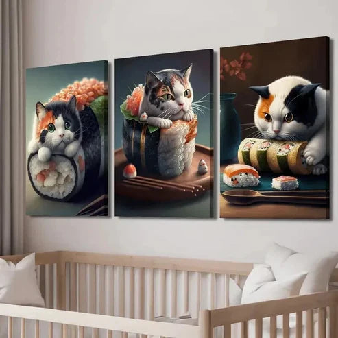 3pcs Whiskered Feline & Sushi Designs Wall Art Set Canvas Unframed - High Quality Print 100% Australian Made Wall Canvas