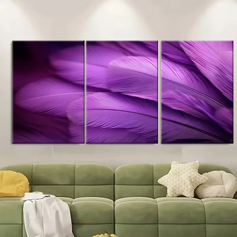 3pcs Purple Feather Close Up Photography  Wall Art Set Canvas Framed 50x70cm - High Quality Print 100% Australian Made Wall Canvas Ready to Hang