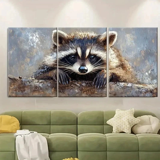 3pcs Raccoon Painting Animal SI Wall Art Set Canvas Framed 50x70cm - High Quality Print 100% Australian Made Wall Canvas Ready to Hang