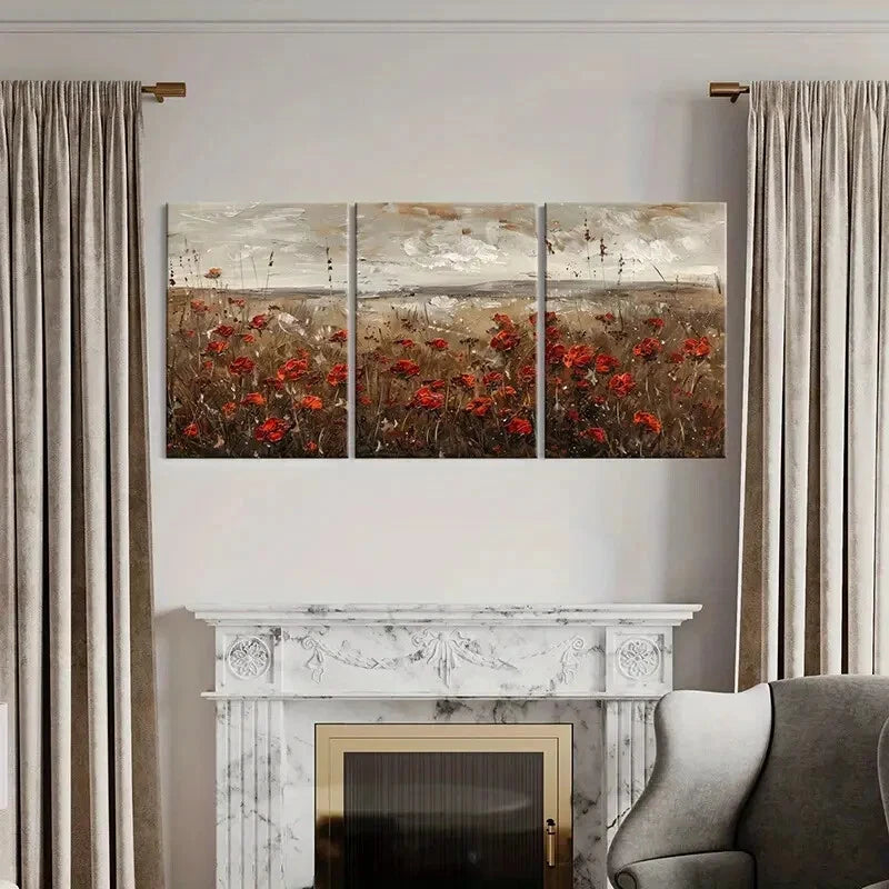 3pcs Abstract Landscape Art Red Poppies Metal Print Ready to Hang Art - Bella Home Decor