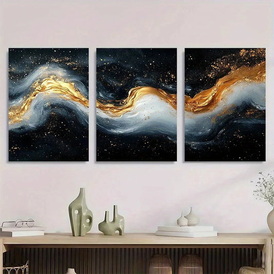 3pcs Black White Golden Swirl Design Metal Print Ready to Hang Art