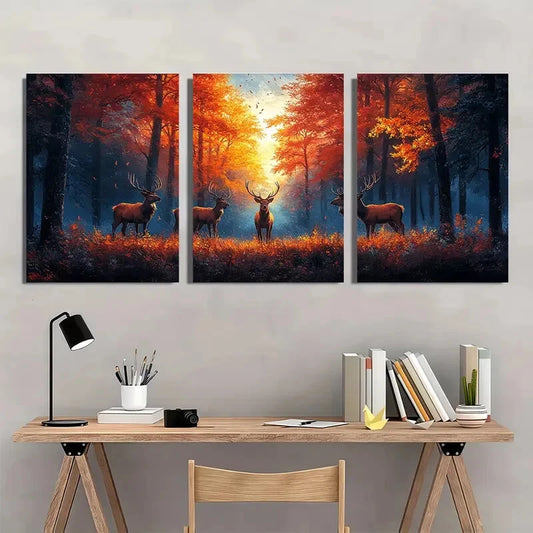 3pcs Rustic Deer Autumn Forest Landscape Wall Art Set Canvas Framed 50x70cm - High Quality Print 100% Australian Made Wall Canvas Ready to Hang