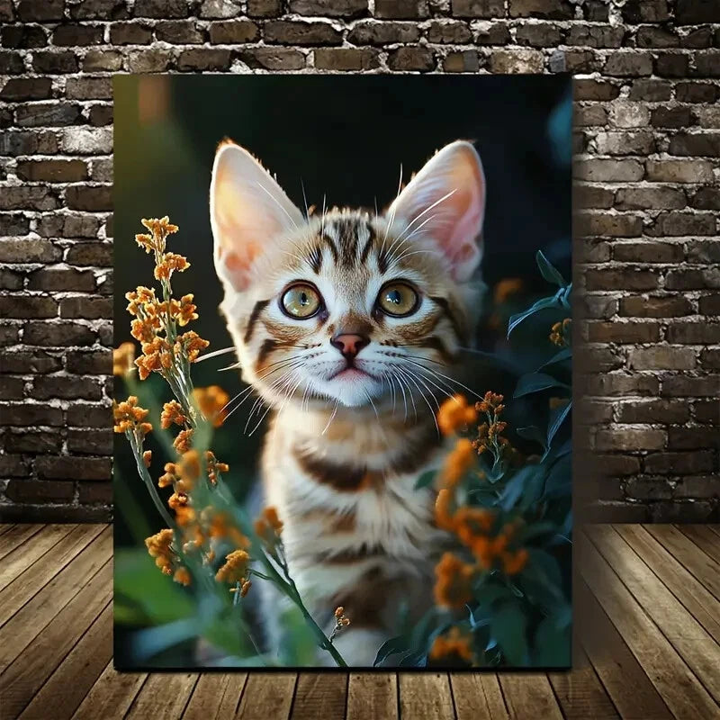 Flowers And Plants Cute Bengal Cat Kitten Painting 40x60cm Metal Print Ready to Hang - Bella Home Decor