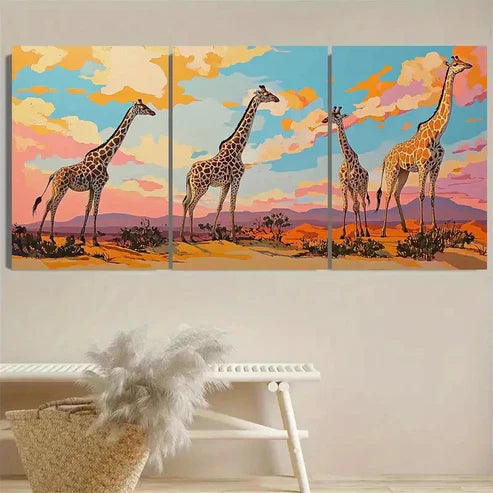 3pcs Giraffes In The Desert Wall Art Set Canvas Unframed - High Quality Print 100% Australian Made Wall Canvas - Bella Home Decor