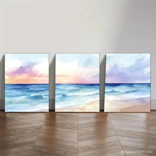 3pcs Pastel Ocean Sunset Watercolor Style Metal Print Ready to Hang Art