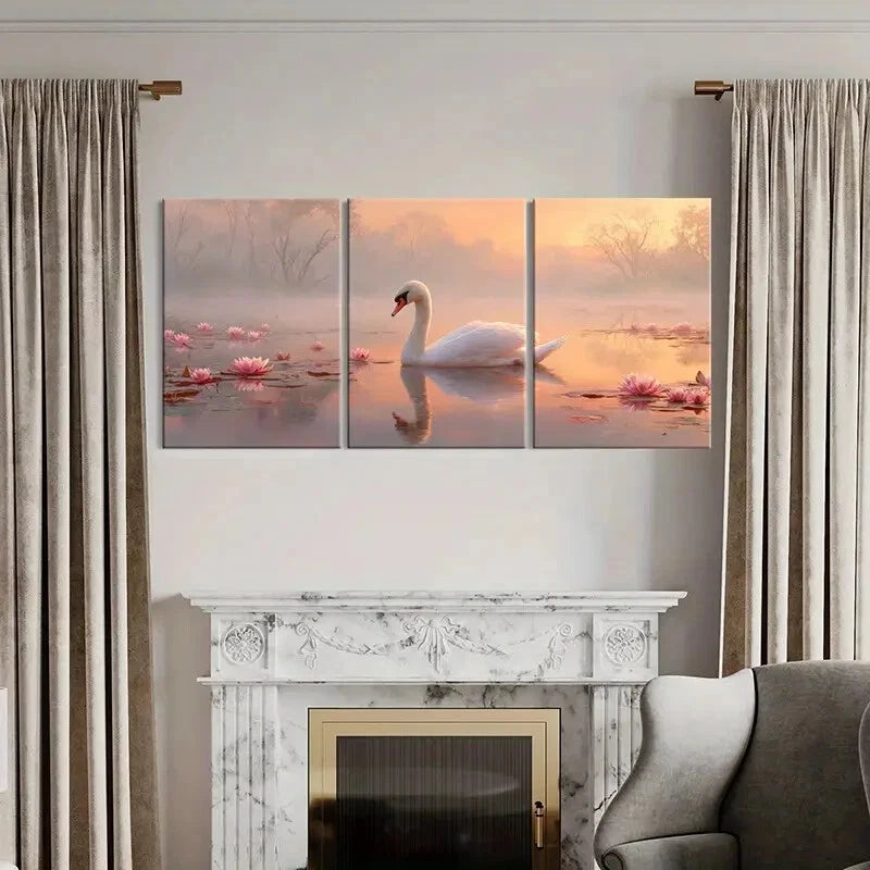3pcs Serene Lake Enchanting Swan & Pink Lotus Metal Print Ready to Hang Art