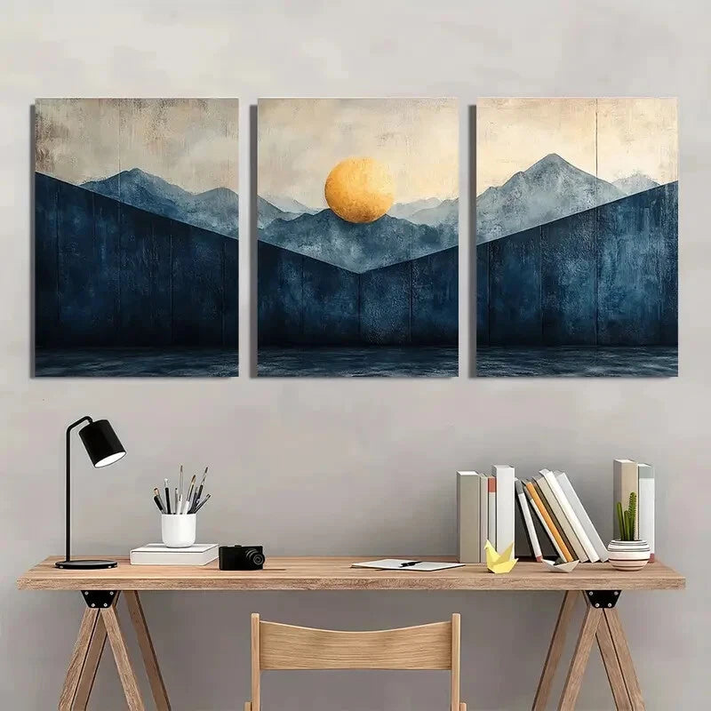 3pcs Abstract Mountain and Sun Blue Pastel Design Metal Print Ready to Hang Art - Bella Home Decor