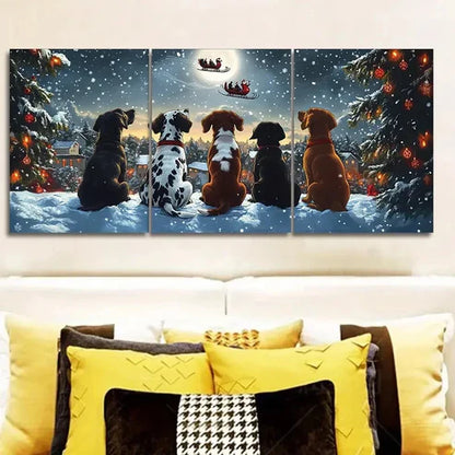 3pcs Festive Dogs Watching Santa Claus Wall Art Canvas Unframed - High Quality Print 100% Australian Made Wall Canvas