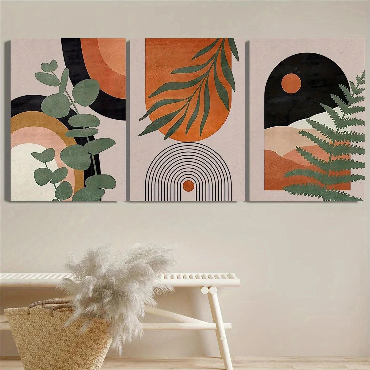 3pcs Boho Style Abstract Nature Jungle Palm Leaves Metal Print Ready to Hang Art - Bella Home Decor