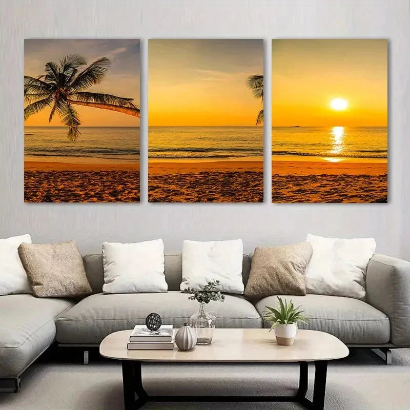 3pcs Tropical Palm Sunset Beach Landscape Metal Print Ready to Hang Art - Bella Home Decor