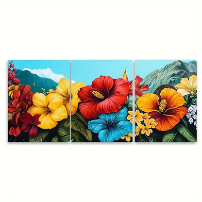 3pcs Santiago Travel Floral Illustration Wall Art Set Canvas Framed 60x90cm - High Quality Print 100% Australian Made Wall Canvas Ready to Hang
