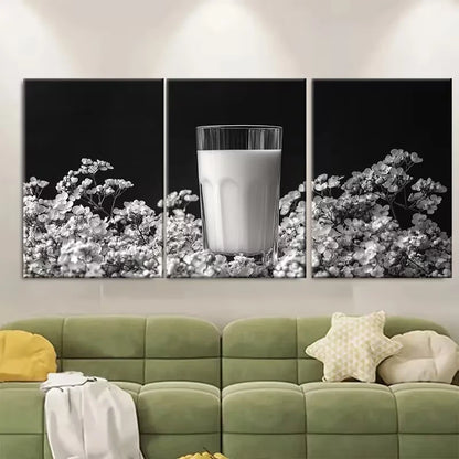 3pcs Black White Glass of Milk Floral Metal Print Ready to Hang Art - Bella Home Decor