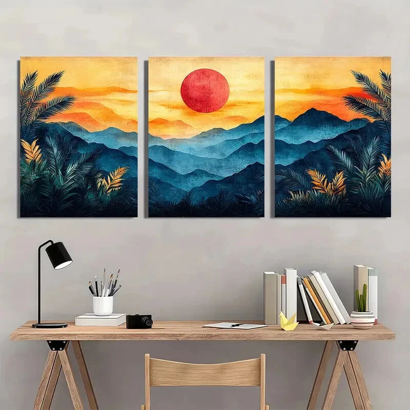 3pcs Palm Leaf Geometric Landscape Abstract Shape Metal Print Ready to Hang Art